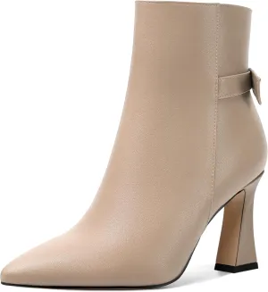 SHOWFOREST Womens Pointed Toe Solid Dating Zip Cold Weather Matte Block High Heel Ankle High Boots 3.3 Inch