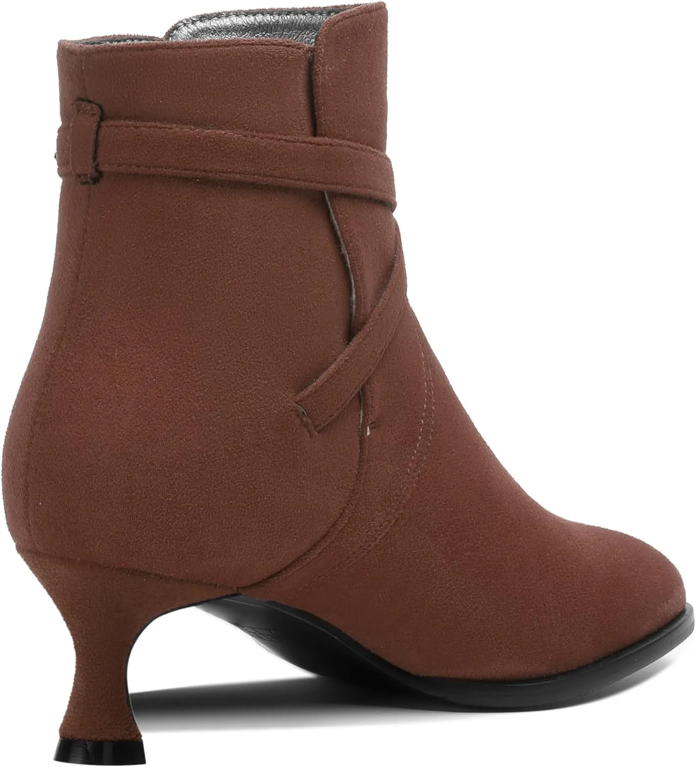 SHOWFOREST Womens Solid Cold Weather Dating Buckle Suede Ankle Strap Round Toe Kitten Low Heel Ankle High Boots 2 Inch