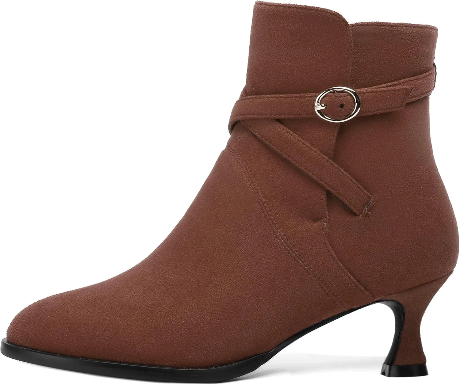 SHOWFOREST Womens Solid Cold Weather Dating Buckle Suede Ankle Strap Round Toe Kitten Low Heel Ankle High Boots 2 Inch
