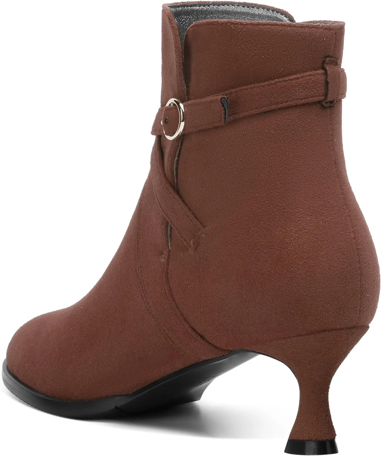 SHOWFOREST Womens Solid Cold Weather Dating Buckle Suede Ankle Strap Round Toe Kitten Low Heel Ankle High Boots 2 Inch
