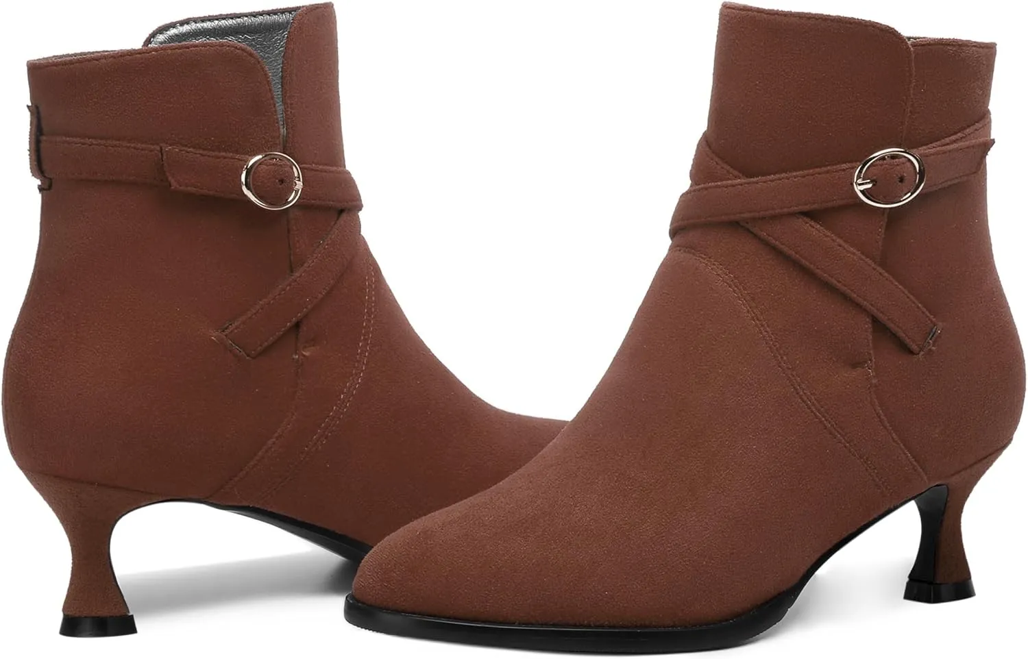 SHOWFOREST Womens Solid Cold Weather Dating Buckle Suede Ankle Strap Round Toe Kitten Low Heel Ankle High Boots 2 Inch