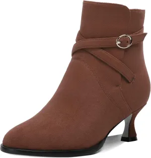 SHOWFOREST Womens Solid Cold Weather Dating Buckle Suede Ankle Strap Round Toe Kitten Low Heel Ankle High Boots 2 Inch