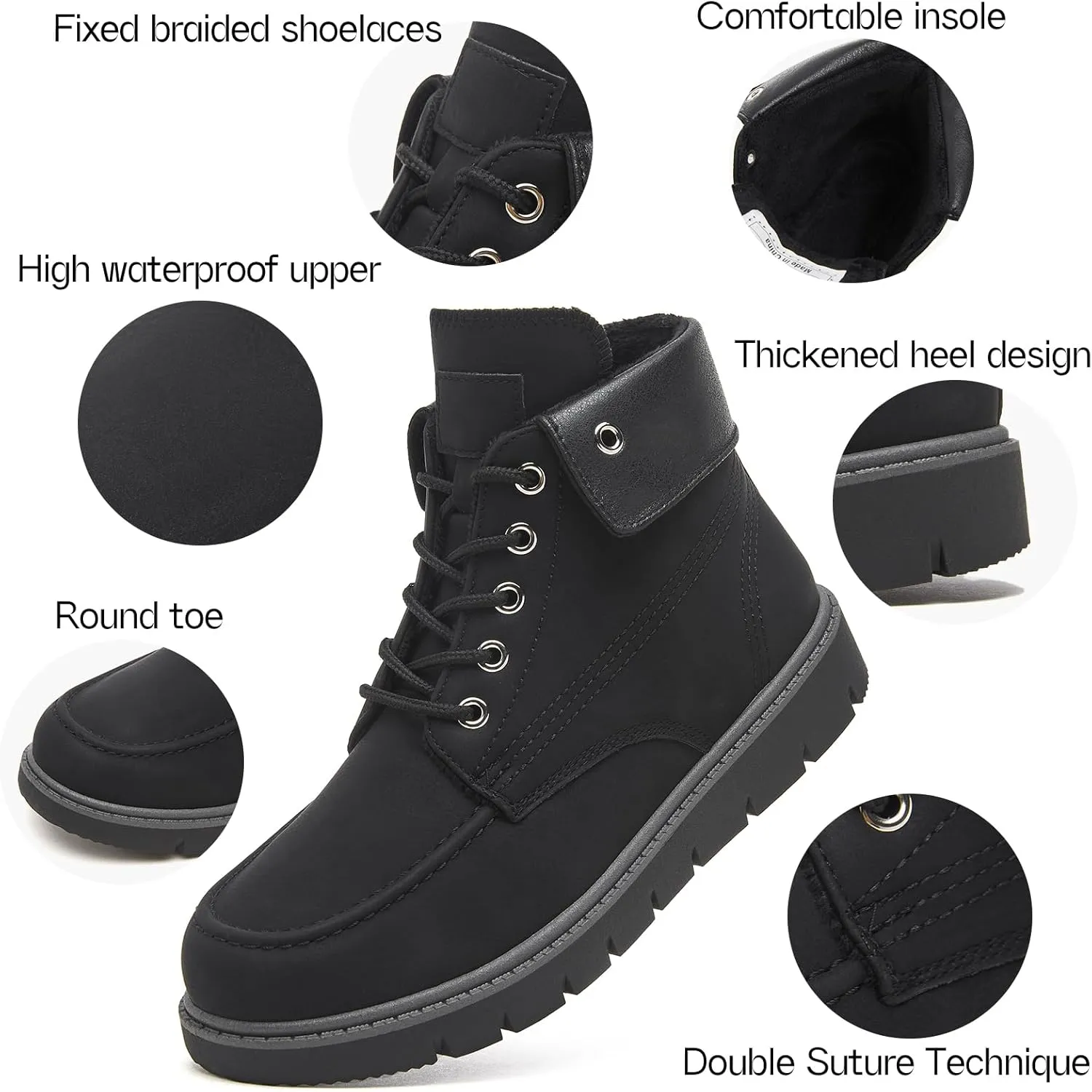 Shupua Women's Ankle Boots Black Lace Up Winter Hiking Work Waterproof Combat Booties