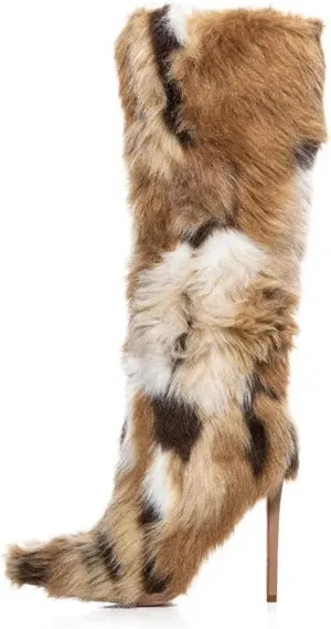 SIFINELAR Women's Knee High Boots Faux Fur Boots for Women Kitten High Heel Furry Fluffy Pointed Toe Boots Winter Comfy Plush Warm Outdoor Indoor Heel Shoes
