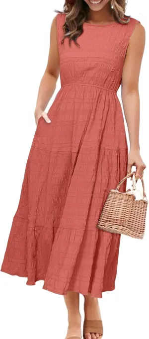 Simplee Women's Summer Casual Sleeveless Crewneck Sundress - A Line Flowy Tiered Midi Dress Long Beach Dresses with Pockets