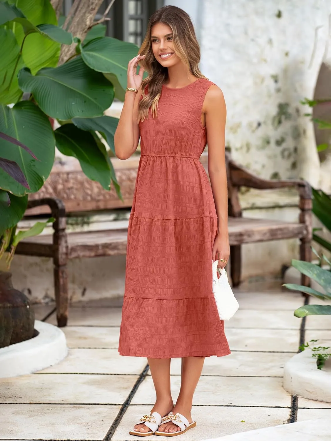 Simplee Women's Summer Casual Sleeveless Crewneck Sundress - A Line Flowy Tiered Midi Dress Long Beach Dresses with Pockets