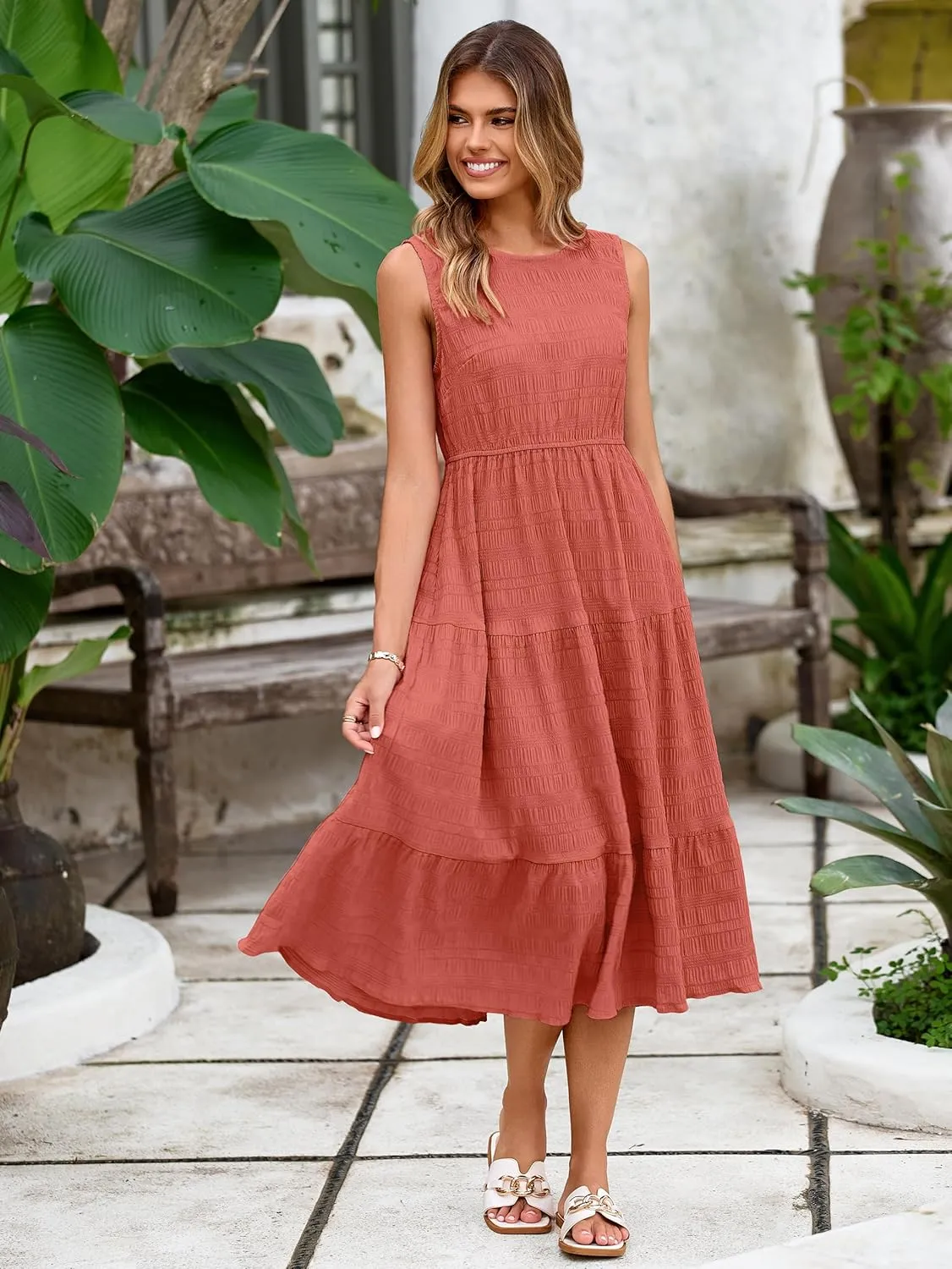 Simplee Women's Summer Casual Sleeveless Crewneck Sundress - A Line Flowy Tiered Midi Dress Long Beach Dresses with Pockets