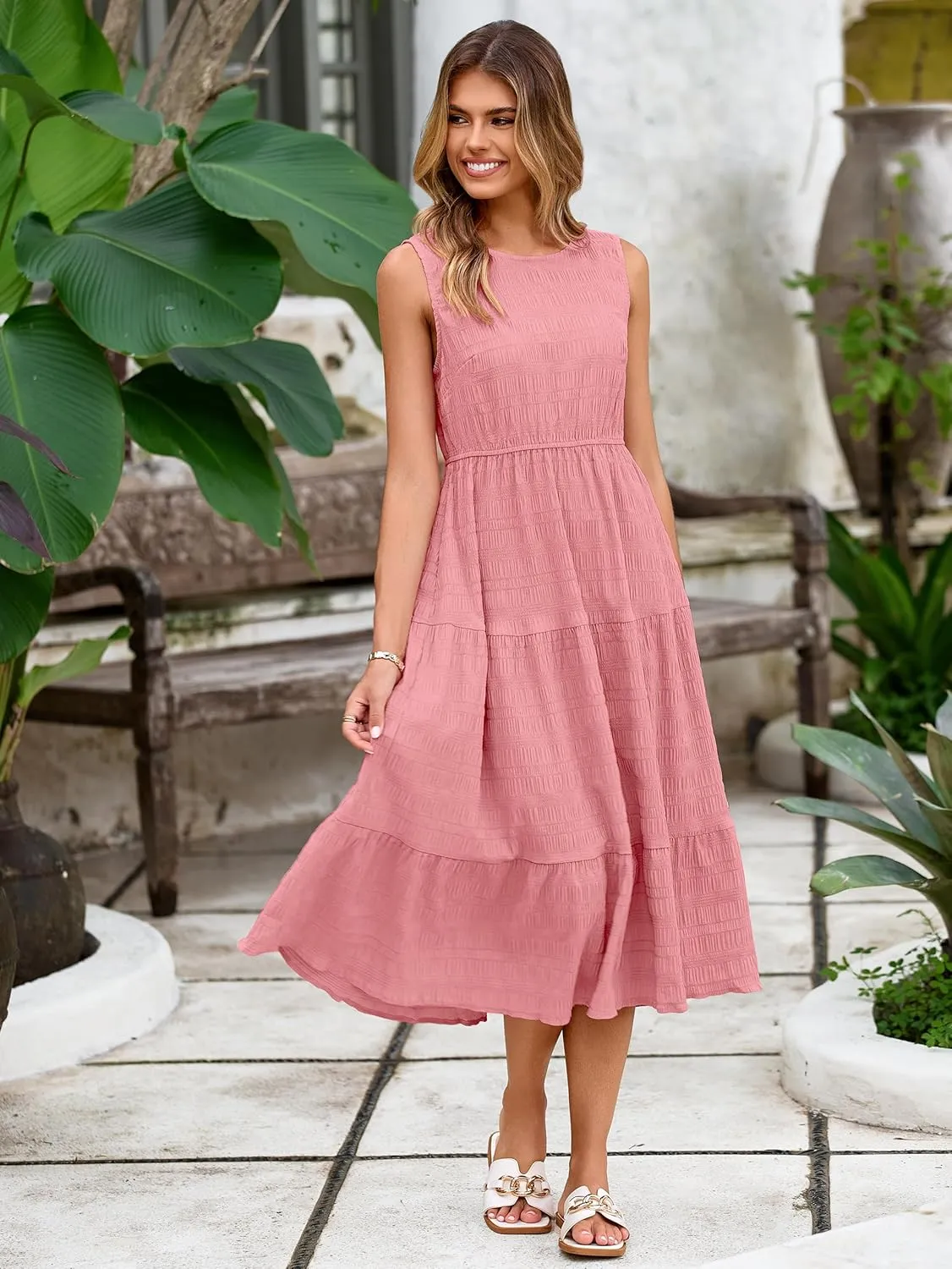 Simplee Women's Summer Casual Sleeveless Crewneck Sundress - A Line Flowy Tiered Midi Dress Long Beach Dresses with Pockets