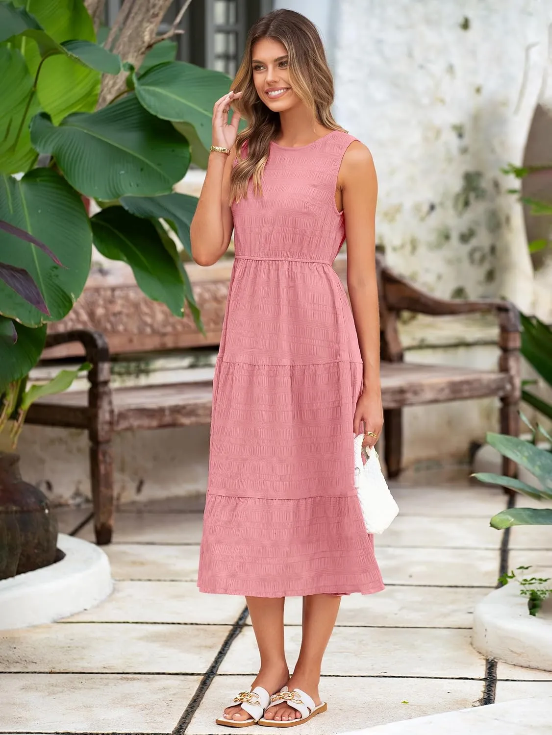 Simplee Women's Summer Casual Sleeveless Crewneck Sundress - A Line Flowy Tiered Midi Dress Long Beach Dresses with Pockets