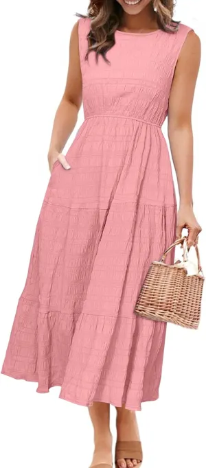 Simplee Women's Summer Casual Sleeveless Crewneck Sundress - A Line Flowy Tiered Midi Dress Long Beach Dresses with Pockets