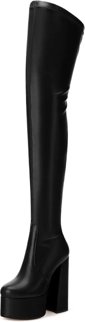 SKYSTERRY Women's Thigh High Boots Over The Knee Platform High Chunky Round Toe Heels Boots Side Zipper Sexy Comfortable Long Boots