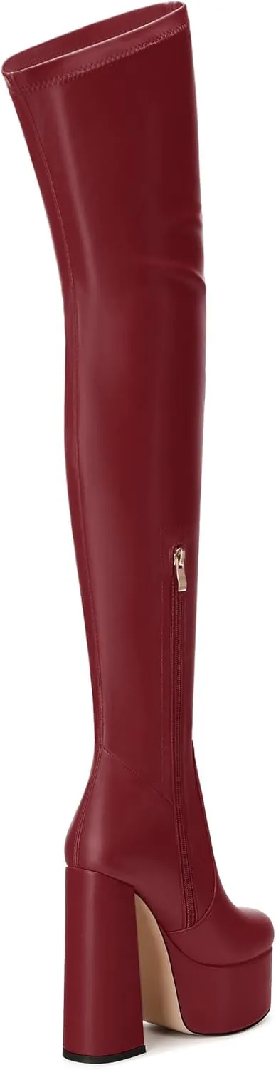 SKYSTERRY Women's Thigh High Boots Over The Knee Platform High Chunky Round Toe Heels Boots Side Zipper Sexy Comfortable Long Boots
