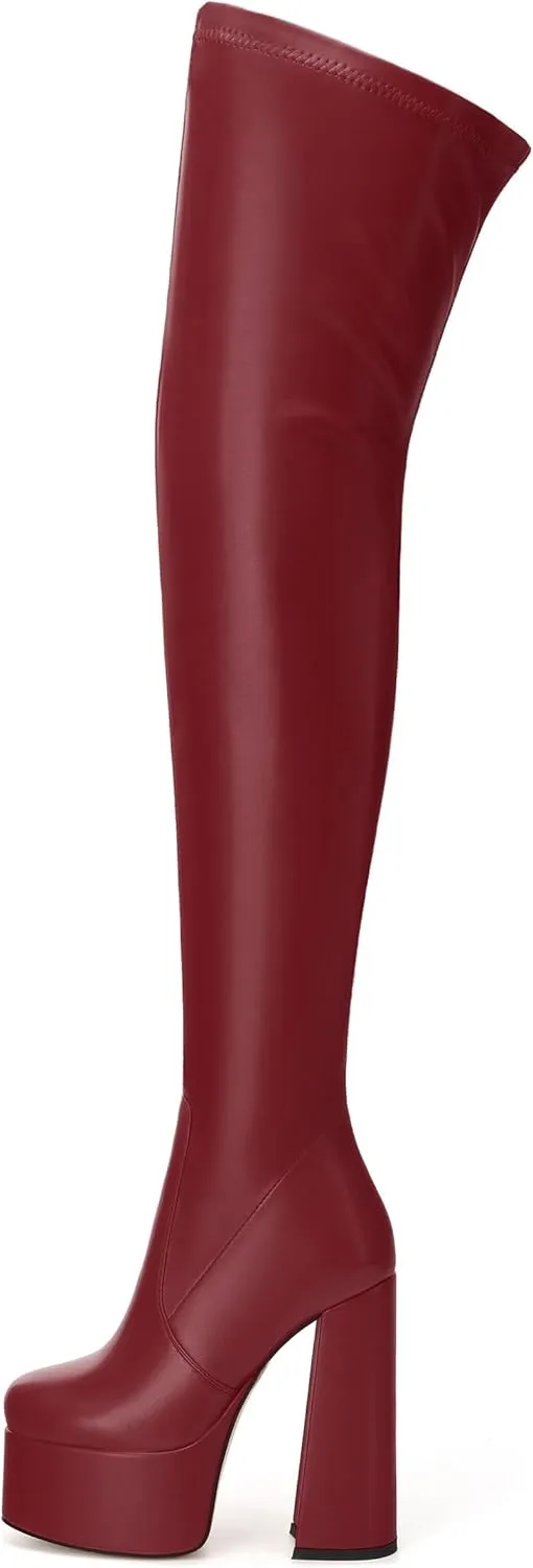 SKYSTERRY Women's Thigh High Boots Over The Knee Platform High Chunky Round Toe Heels Boots Side Zipper Sexy Comfortable Long Boots