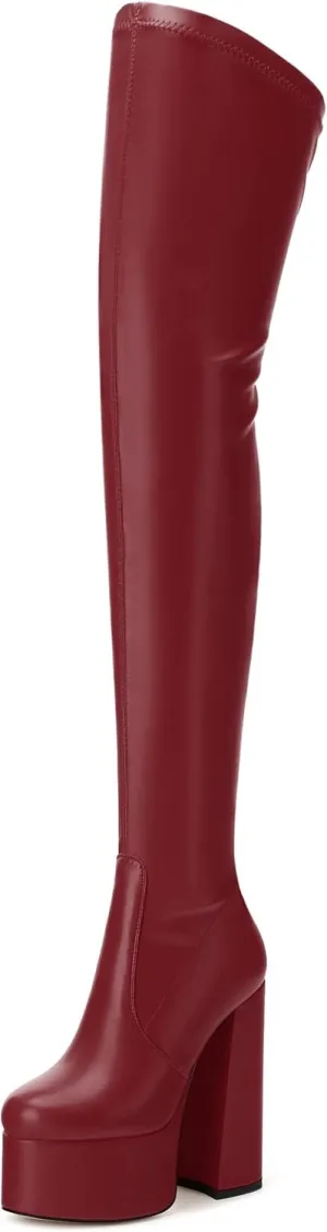SKYSTERRY Women's Thigh High Boots Over The Knee Platform High Chunky Round Toe Heels Boots Side Zipper Sexy Comfortable Long Boots