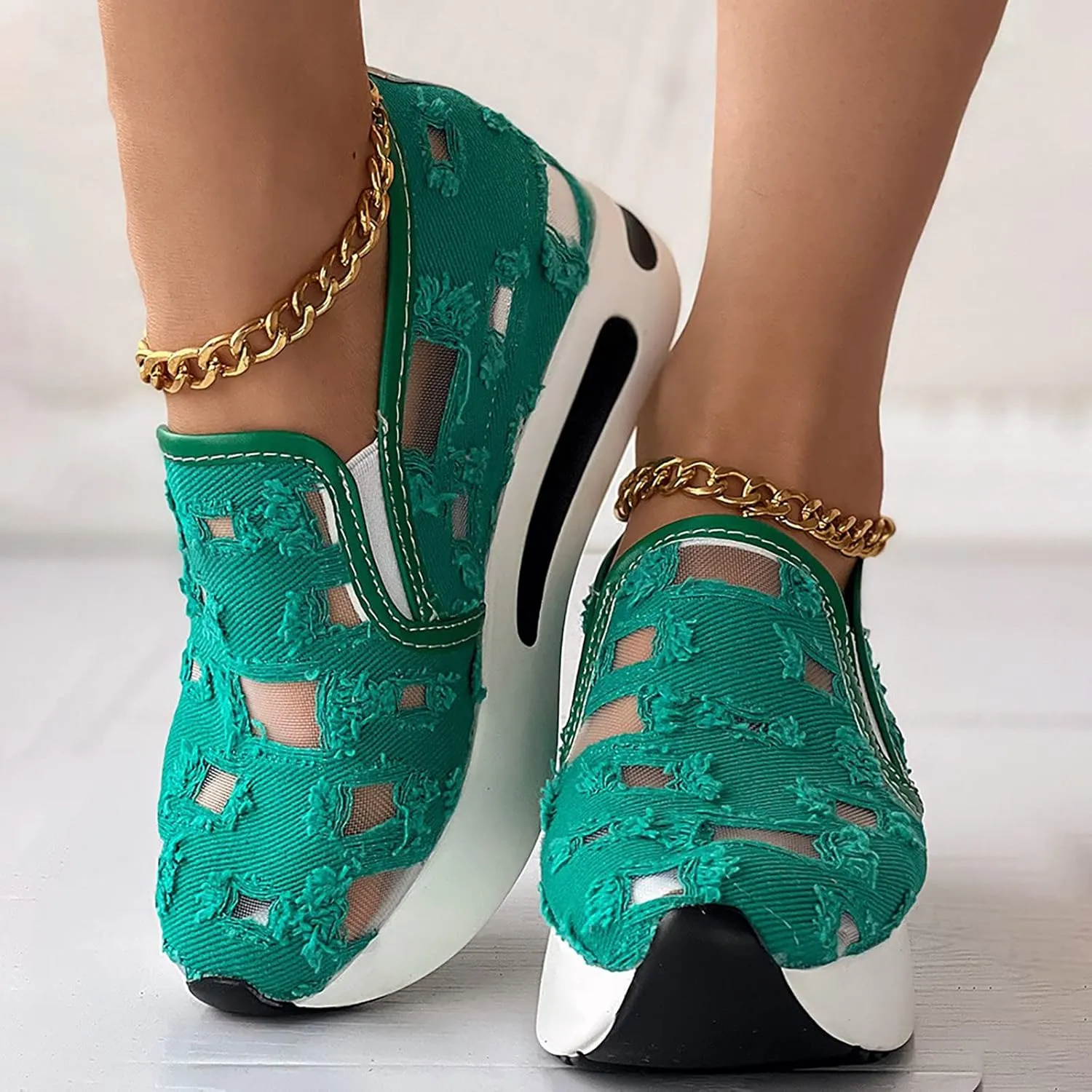 Slip On Sneakers Women Platform Wedge Floral Sneakers Mesh Shoes for Women Breathable Slip On Walking Shoes Casual Embroidery Fashion Sneakers Comfort Work Shoes Outdoor Sports Shoes