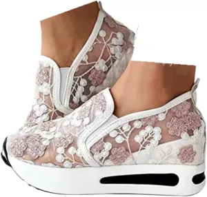 Slip On Sneakers Women Platform Wedge Floral Sneakers Mesh Shoes for Women Breathable Slip On Walking Shoes Casual Embroidery Fashion Sneakers Comfort Work Shoes Outdoor Sports Shoes