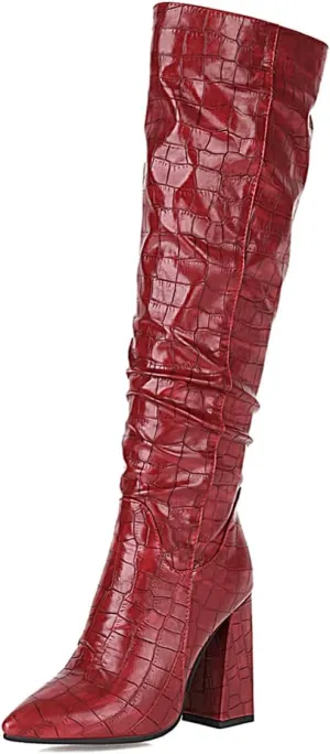 Slouch Knee High Boots for Women Fashion Faux Crocodile Boots