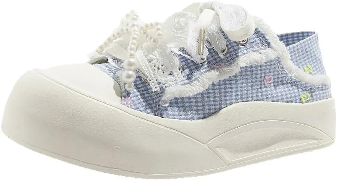 Sneakers for Women Low Top Canvas Fashion Bow Cute Lightweight Shoes Casual Lattice Lace Sneakers Y2K
