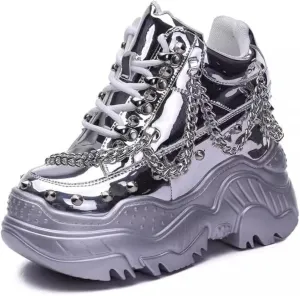 Spring Autumn Height Increasing Platform Metal Chain Rivet Genuine Leather Women Rainbow Color Sneakers Shoes Ladies Wedges Pumps 2401