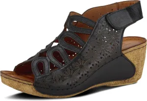 Spring Step Inocencia Women's Leather Wedge Sandals | Low Heel Sandals for Women with Floral Laser Cut Design, Hook and Loop Strap, Mediterranean Style