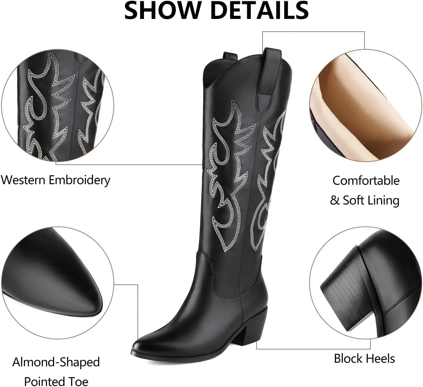 STALOV Cowboy Boots for Women,Western Pointed Toe Chunky Heel Pull-On Knee High Cowgirl Boots Fashion Embroidered Tall