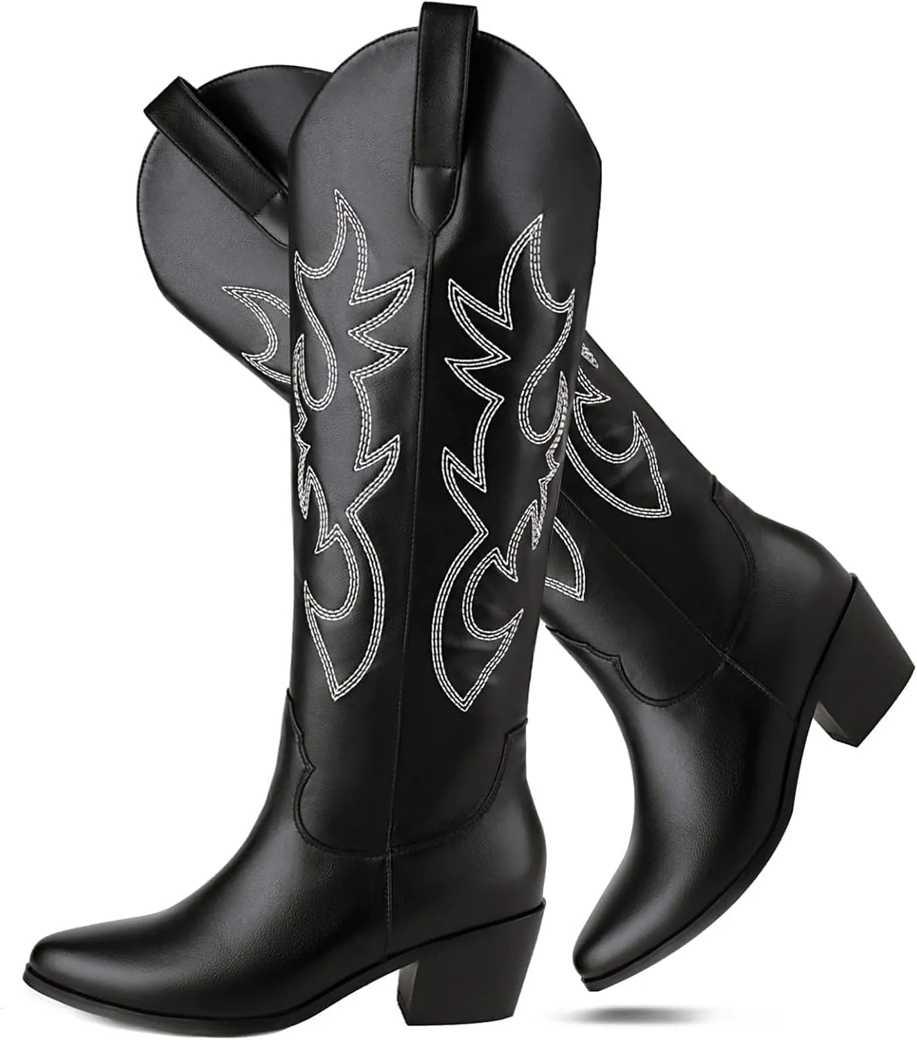 STALOV Cowboy Boots for Women,Western Pointed Toe Chunky Heel Pull-On Knee High Cowgirl Boots Fashion Embroidered Tall