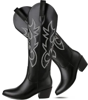 STALOV Cowboy Boots for Women,Western Pointed Toe Chunky Heel Pull-On Knee High Cowgirl Boots Fashion Embroidered Tall