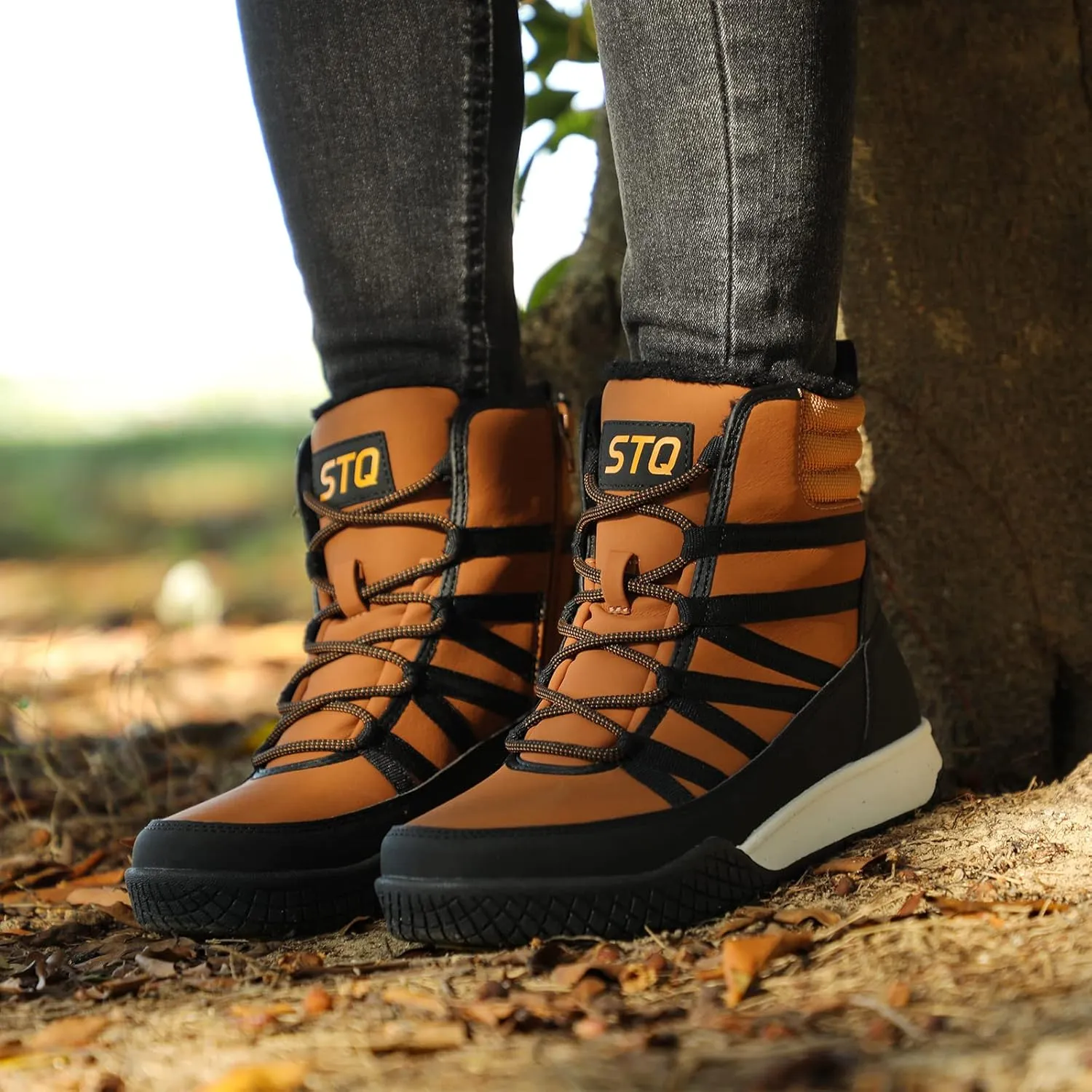 STQ Women's Winter Walking Boots Zip Up Lightweight Cozy Ankle Bootie with Laces
