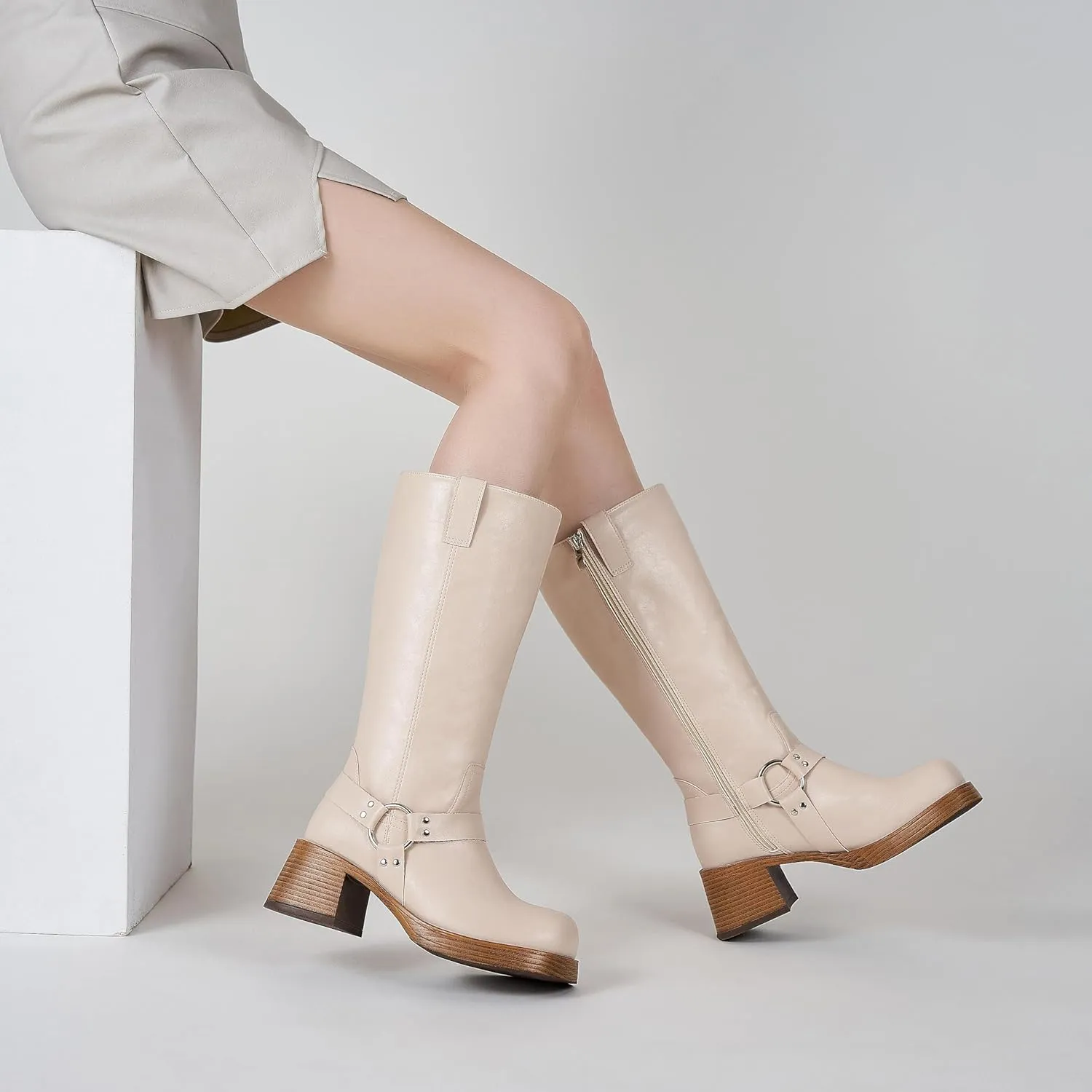 Studds Biker Boots for Women Chunky Heel Square Toe Suede Mid Calf Boot with Side Zipper Western Riding Boots