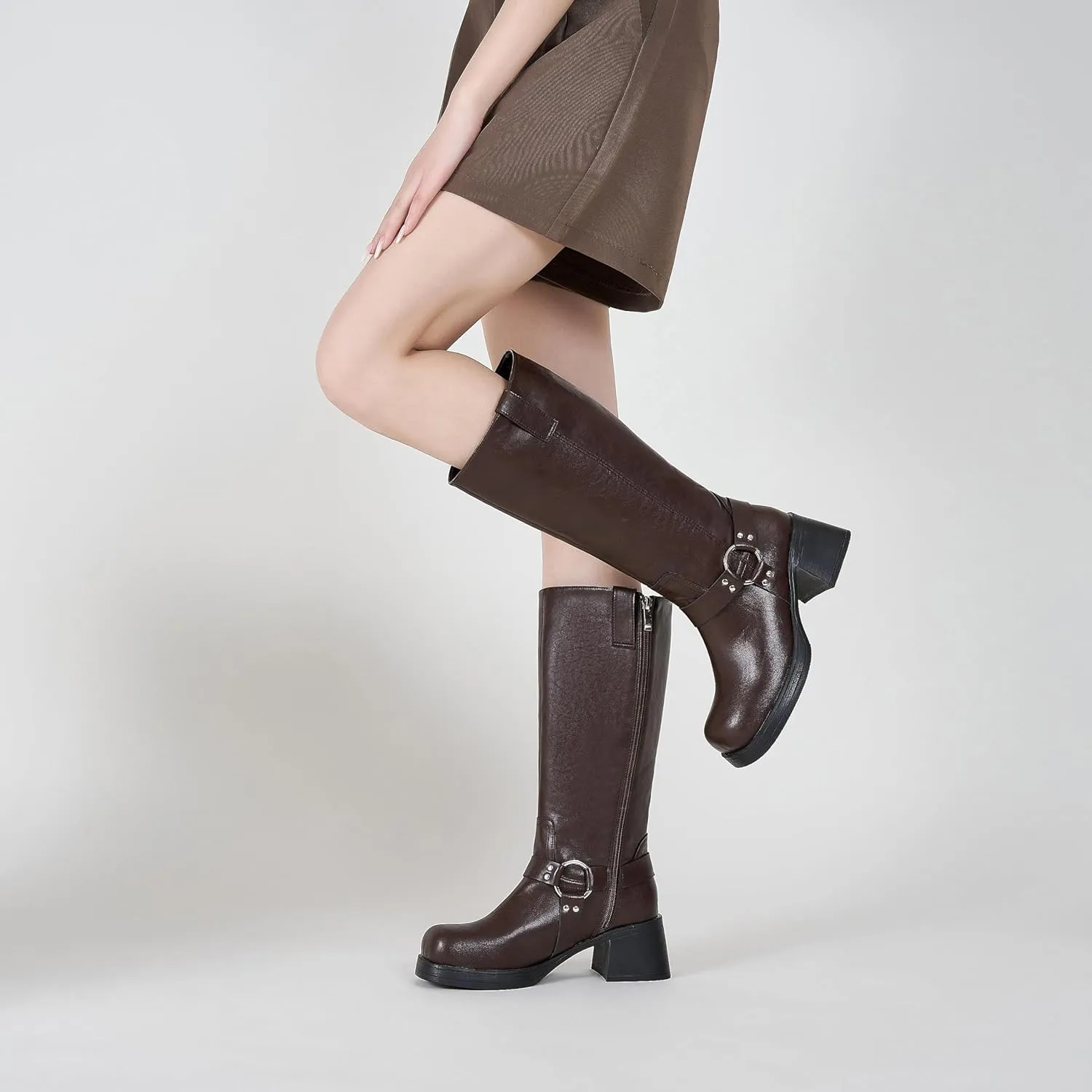 Studds Biker Boots for Women Chunky Heel Square Toe Suede Mid Calf Boot with Side Zipper Western Riding Boots