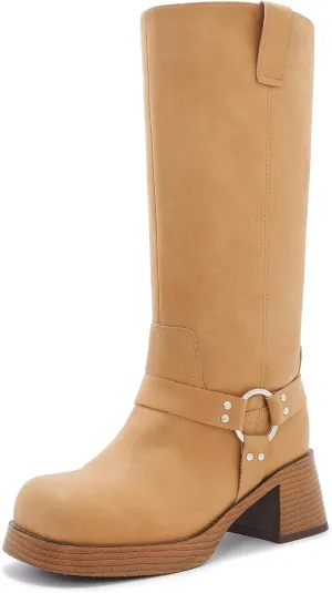 Studds Biker Boots for Women Chunky Heel Square Toe Suede Mid Calf Boot with Side Zipper Western Riding Boots