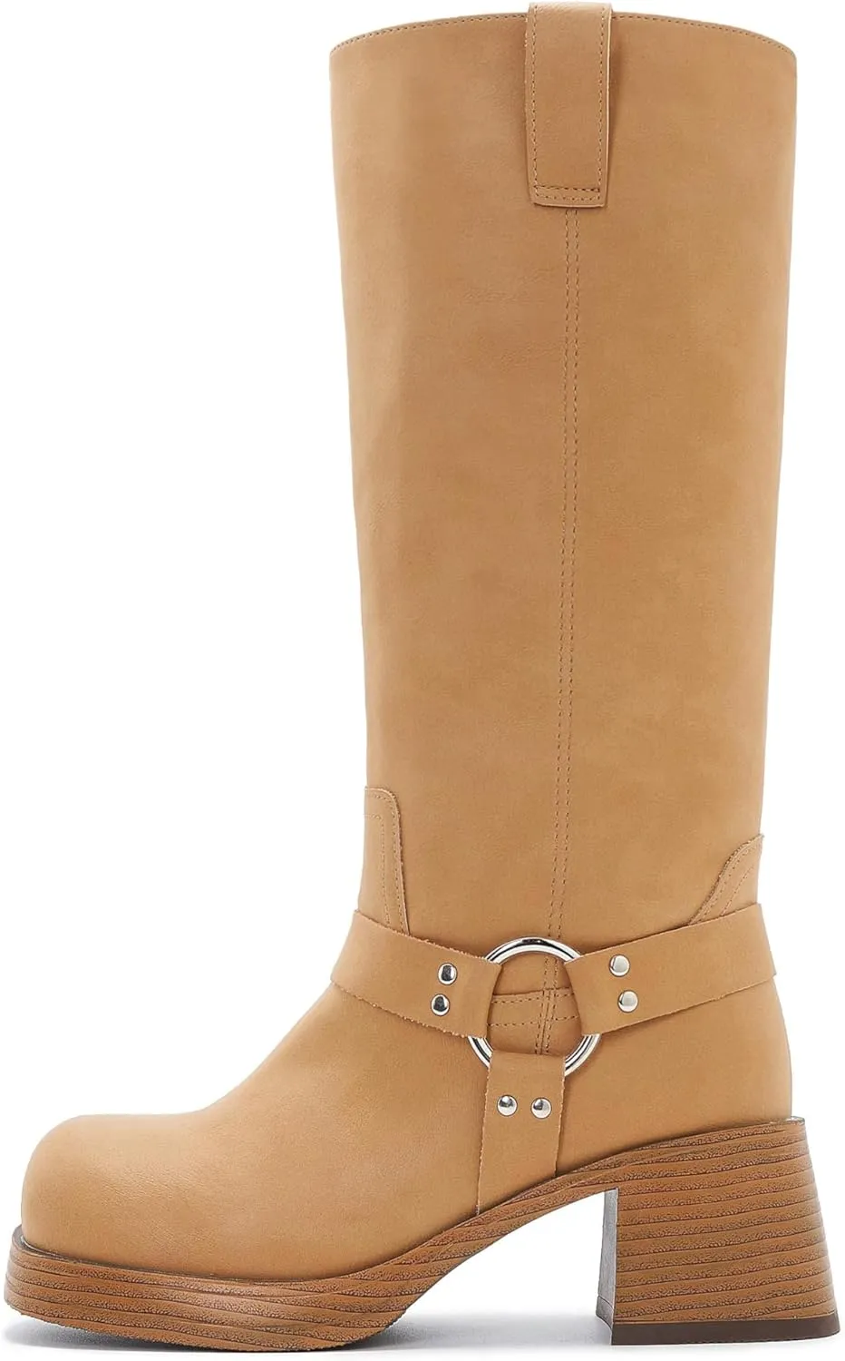Studds Biker Boots for Women Chunky Heel Square Toe Suede Mid Calf Boot with Side Zipper Western Riding Boots