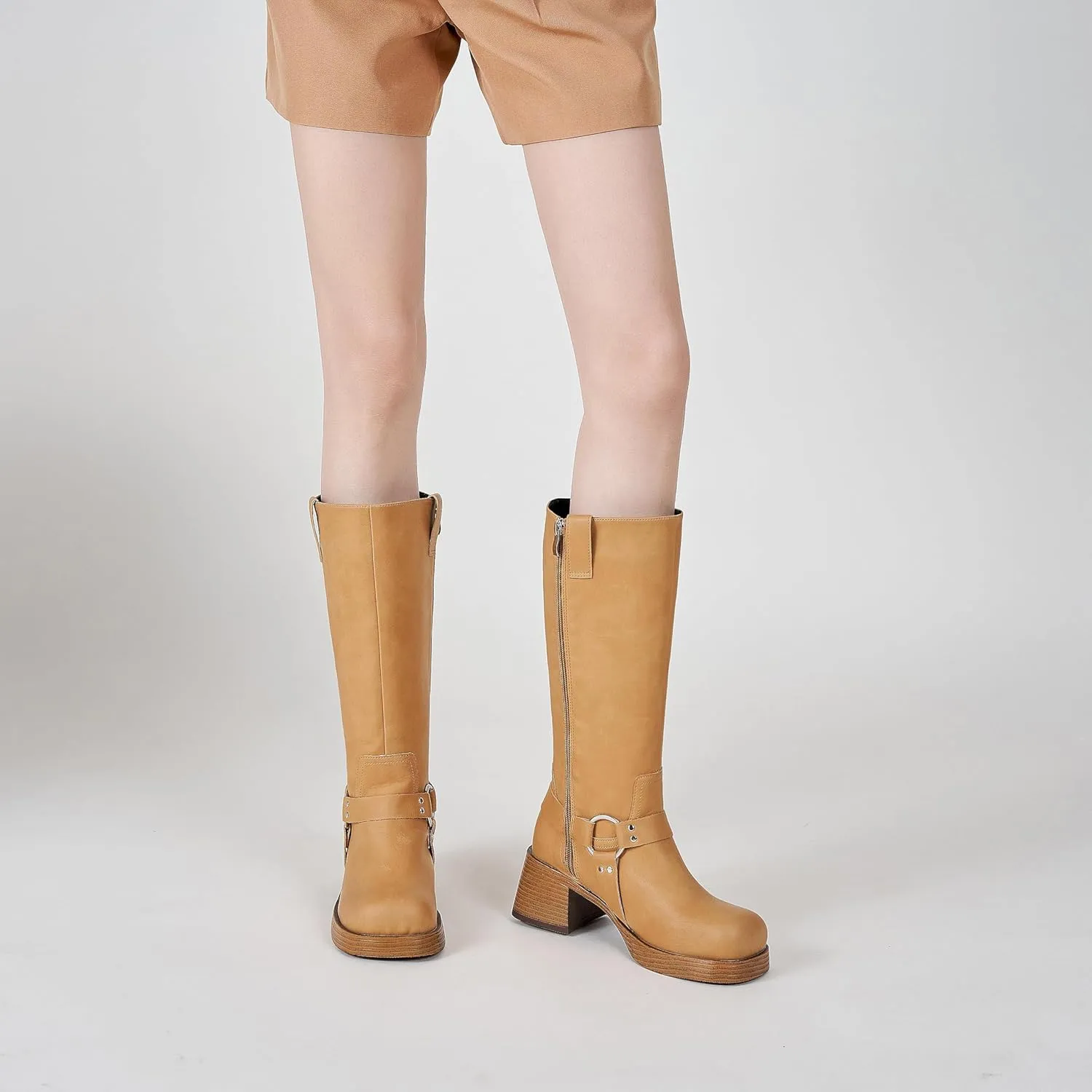 Studds Biker Boots for Women Chunky Heel Square Toe Suede Mid Calf Boot with Side Zipper Western Riding Boots