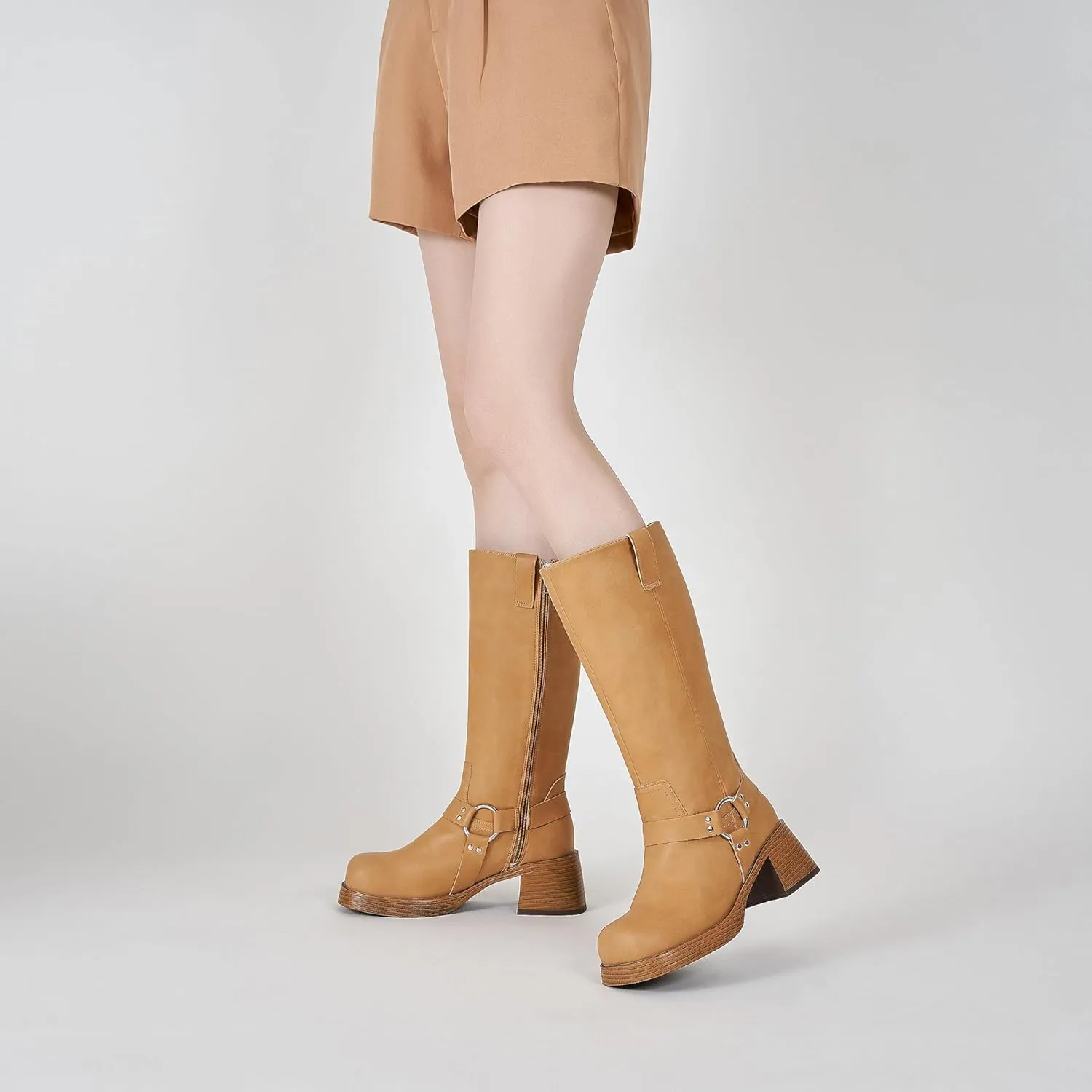 Studds Biker Boots for Women Chunky Heel Square Toe Suede Mid Calf Boot with Side Zipper Western Riding Boots