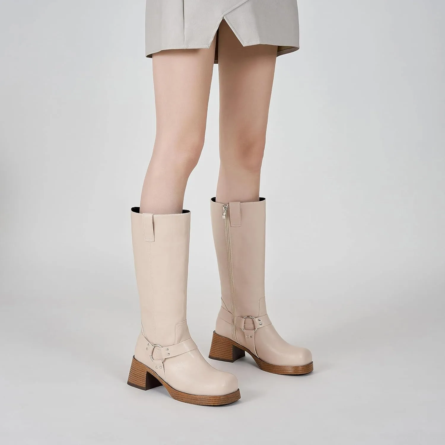 Studds Biker Boots for Women Chunky Heel Square Toe Suede Mid Calf Boot with Side Zipper Western Riding Boots