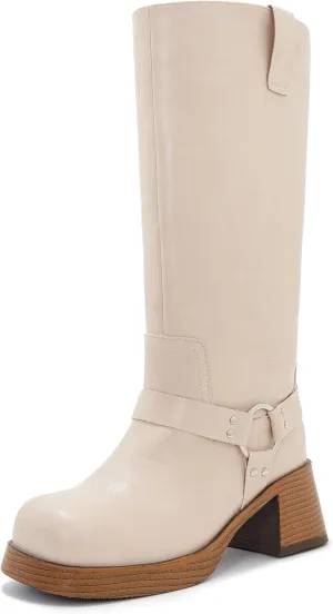 Studds Biker Boots for Women Chunky Heel Square Toe Suede Mid Calf Boot with Side Zipper Western Riding Boots