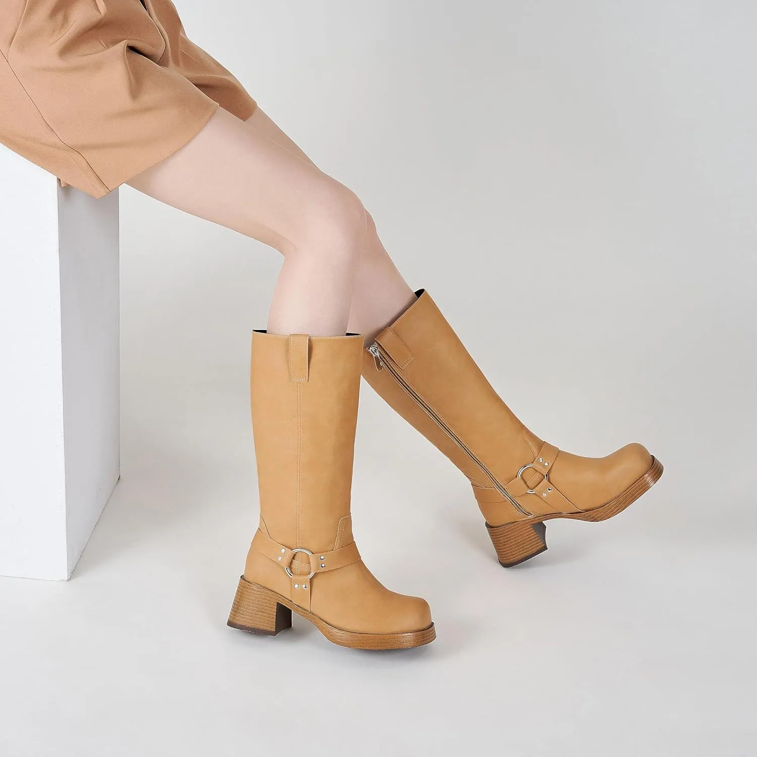 Studds Biker Boots for Women Chunky Heel Square Toe Suede Mid Calf Boot with Side Zipper Western Riding Boots