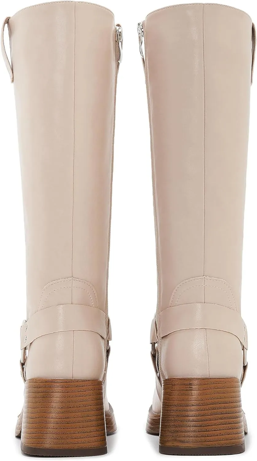 Studds Biker Boots for Women Chunky Heel Square Toe Suede Mid Calf Boot with Side Zipper Western Riding Boots