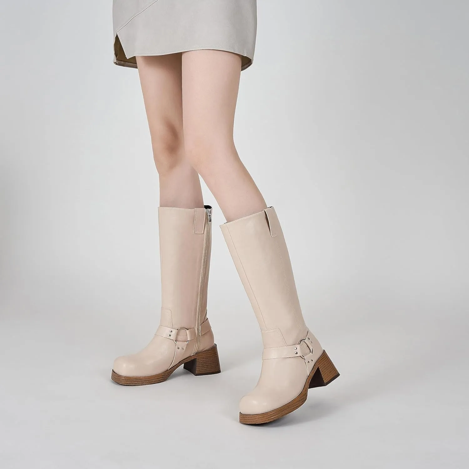 Studds Biker Boots for Women Chunky Heel Square Toe Suede Mid Calf Boot with Side Zipper Western Riding Boots