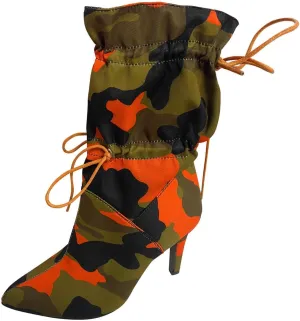 SuanlaTDS Women's Boots Mid Calf Wide Calf Lace-up Stiletto High Heel Booties Pointed Toe Slip-on Sexy Camouflage Gladiator High Heel Boots for Women and Ladies