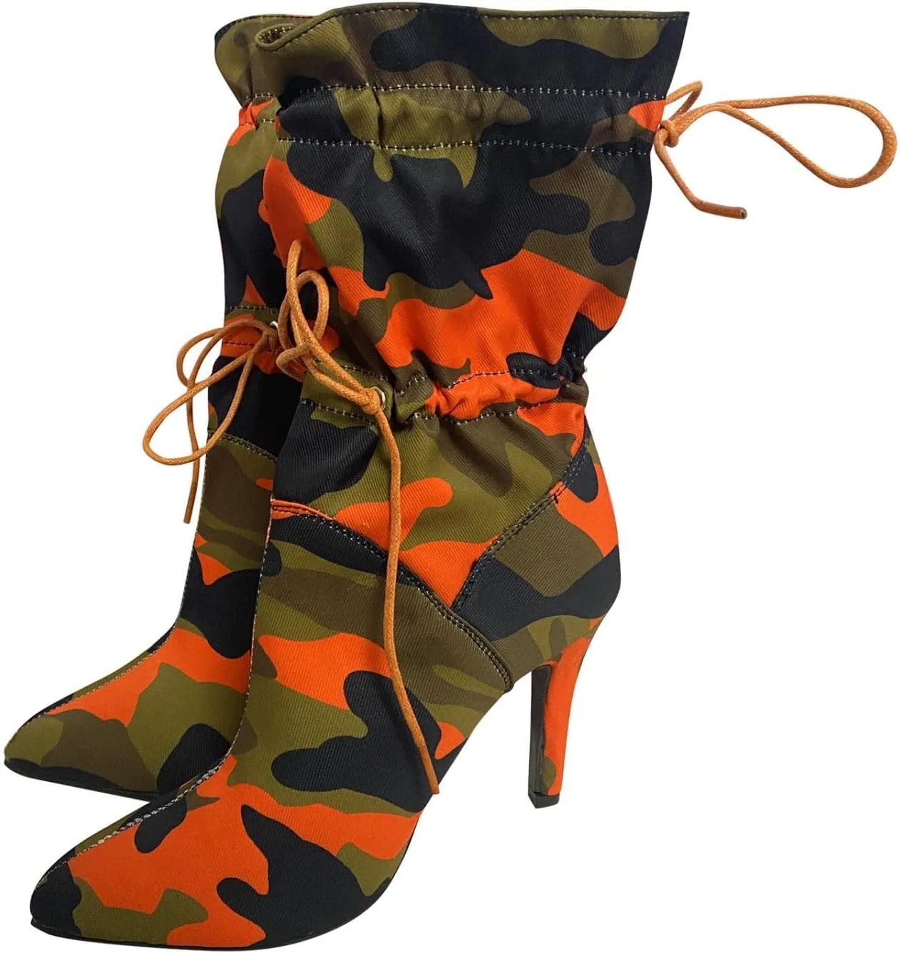 SuanlaTDS Women's Boots Mid Calf Wide Calf Lace-up Stiletto High Heel Booties Pointed Toe Slip-on Sexy Camouflage Gladiator High Heel Boots for Women and Ladies