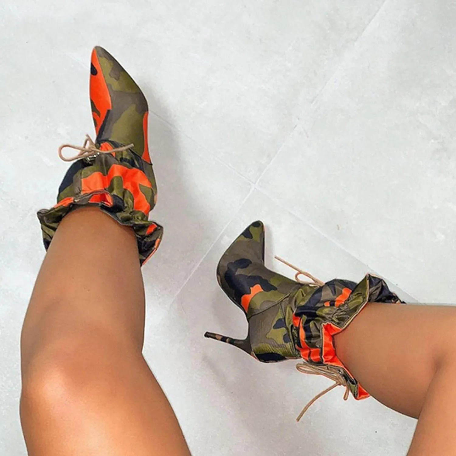 SuanlaTDS Women's Boots Mid Calf Wide Calf Lace-up Stiletto High Heel Booties Pointed Toe Slip-on Sexy Camouflage Gladiator High Heel Boots for Women and Ladies