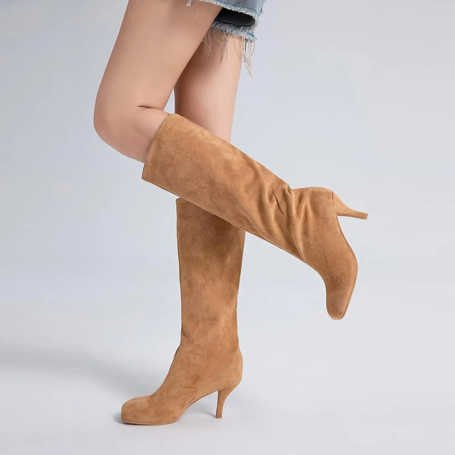 Suede Boots Wide Calf Boots with Slim High Heels Square Toe Stiletto Boots Straight Tall Boots Slouchy Boots Women's Knee High Boots