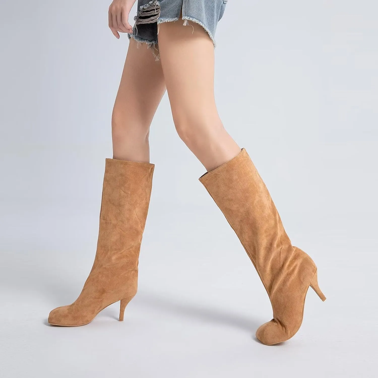 Suede Boots Wide Calf Boots with Slim High Heels Square Toe Stiletto Boots Straight Tall Boots Slouchy Boots Women's Knee High Boots