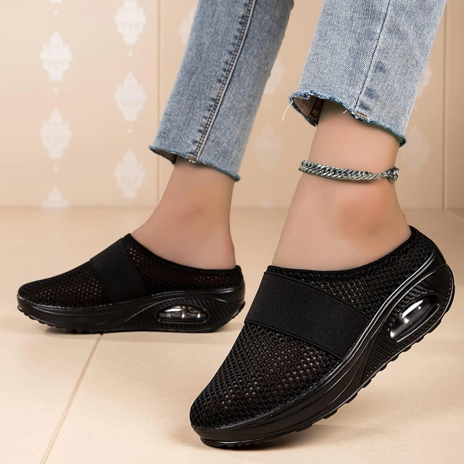 Summer cool breathable women's slippers Diabetic Air-Cushion Slip-On Walking Shoes, Orthopedic Slippers, with Arch-Support for Women Mesh Air Cushion Orthopedic Diabetic Sandals Closed Toe Slides