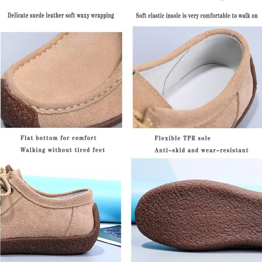 Sunporx Women's Lace-up Moccasin Lefse Shoes Driving Leather Oxford Shoe Non-Slip Comfortable Flat Bottom Walking Shoes