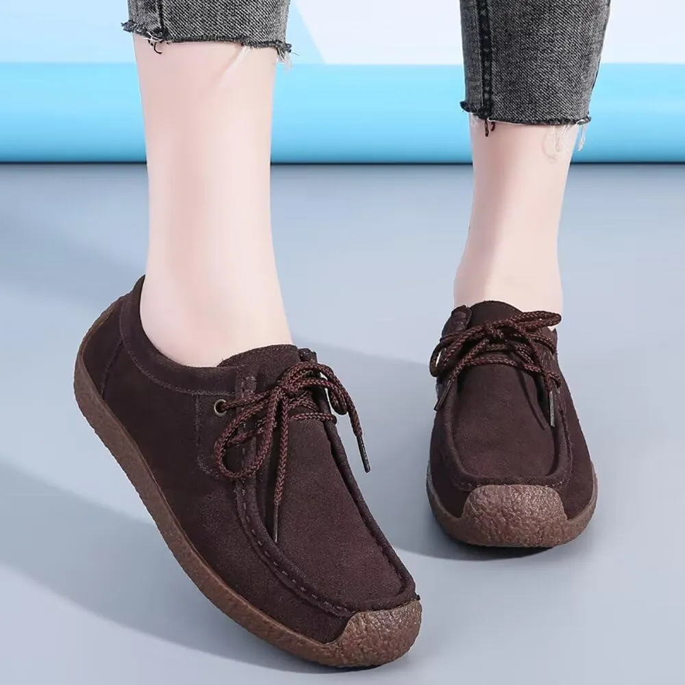 Sunporx Women's Lace-up Moccasin Lefse Shoes Driving Leather Oxford Shoe Non-Slip Comfortable Flat Bottom Walking Shoes