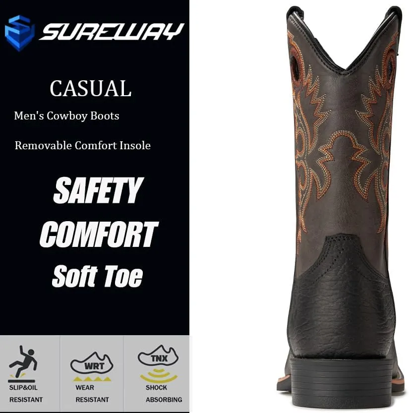 SUREWAY Western Boots For Men - Mens Square Toe Cowboy Boot,Oil/Slip Resistant,Durable Fashionable Classic Pull on 10 Inch Boots Mid Calf Wellington Boots