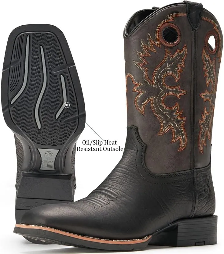 SUREWAY Western Boots For Men - Mens Square Toe Cowboy Boot,Oil/Slip Resistant,Durable Fashionable Classic Pull on 10 Inch Boots Mid Calf Wellington Boots