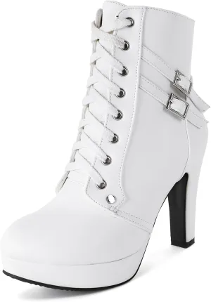 Susanny High Heel Boots for Women,Womens Platform Boot Heels Sexy Round Toe Lace UP High Heels Mid Calf Boots